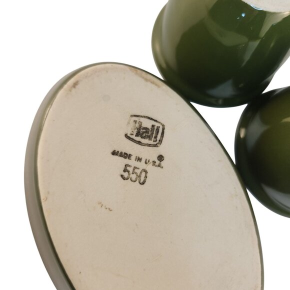 Vintage Hall Pottery Cups & Oval Dish Set Olive Green White USA Made - Picture 11 of 13